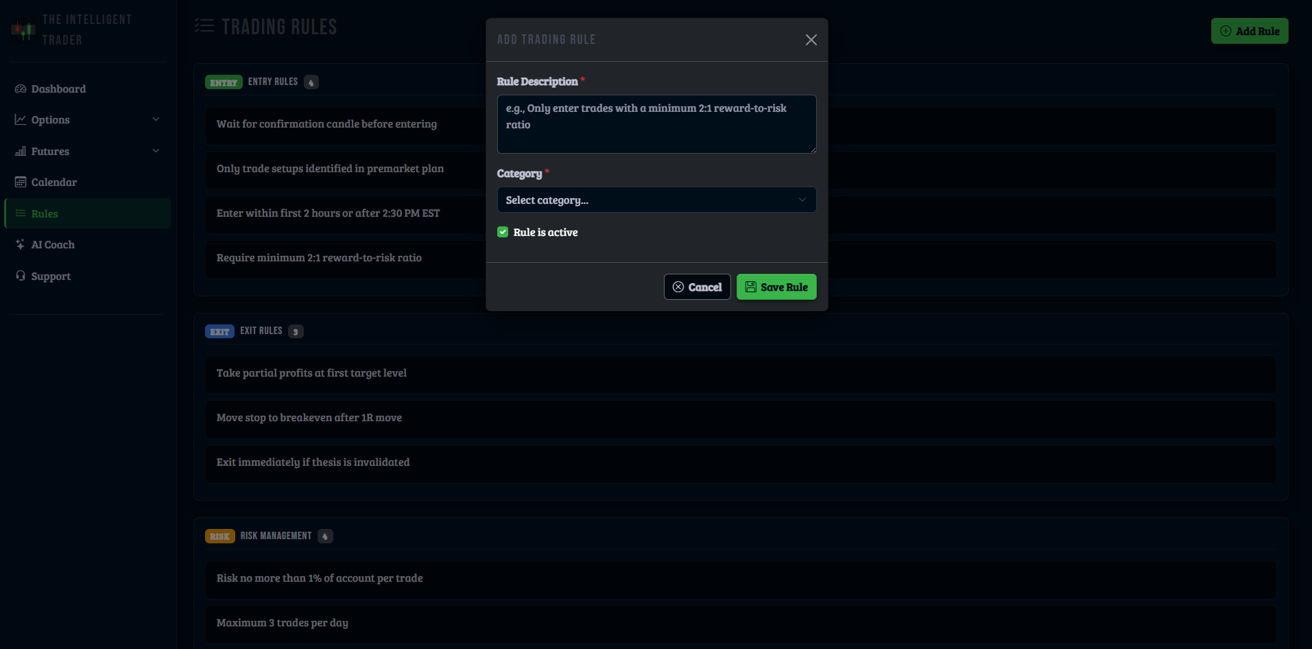 Trading rules three-state checklist on trade entry form