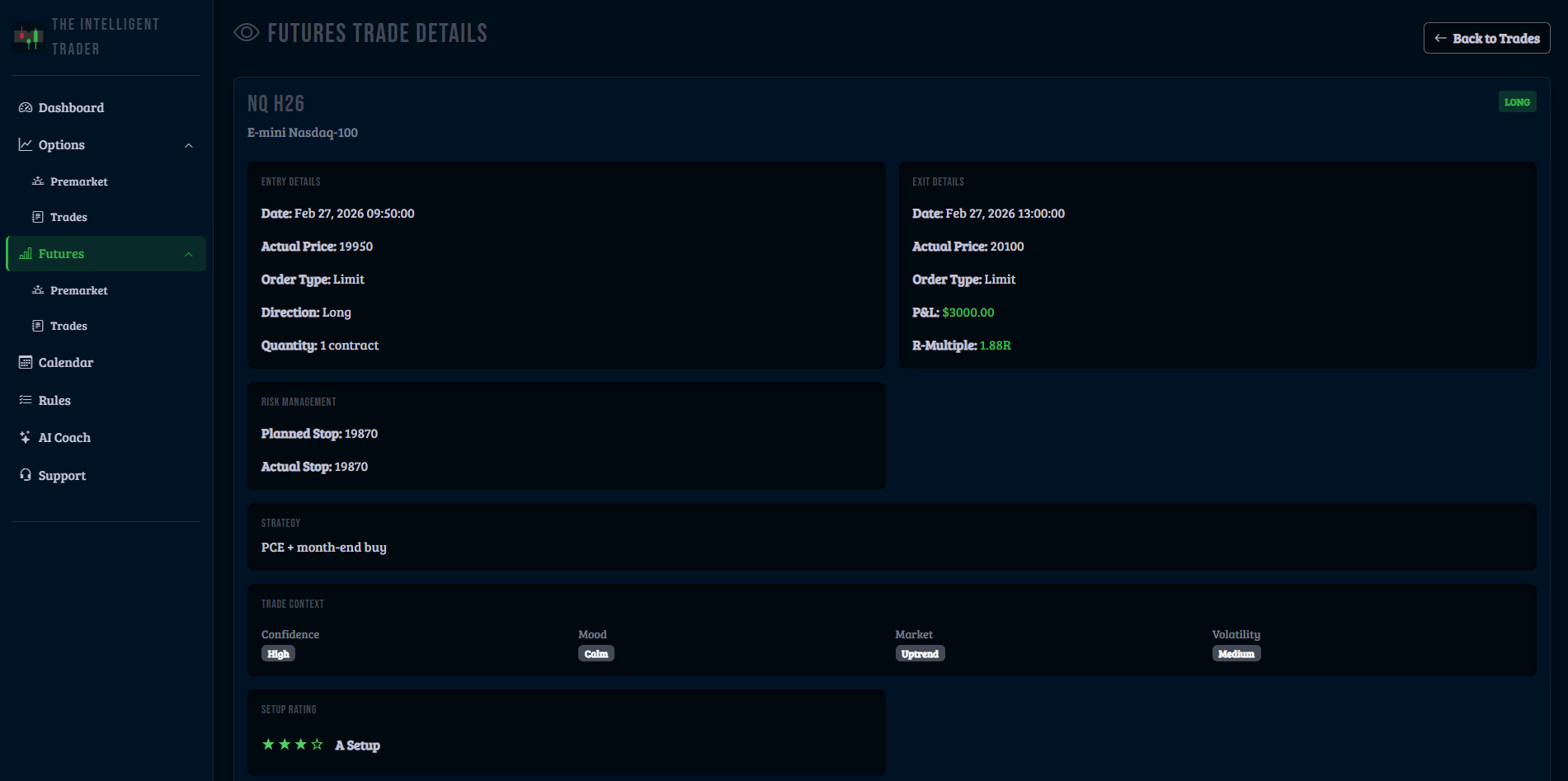 Futures trade entry form with contract selection and risk fields
