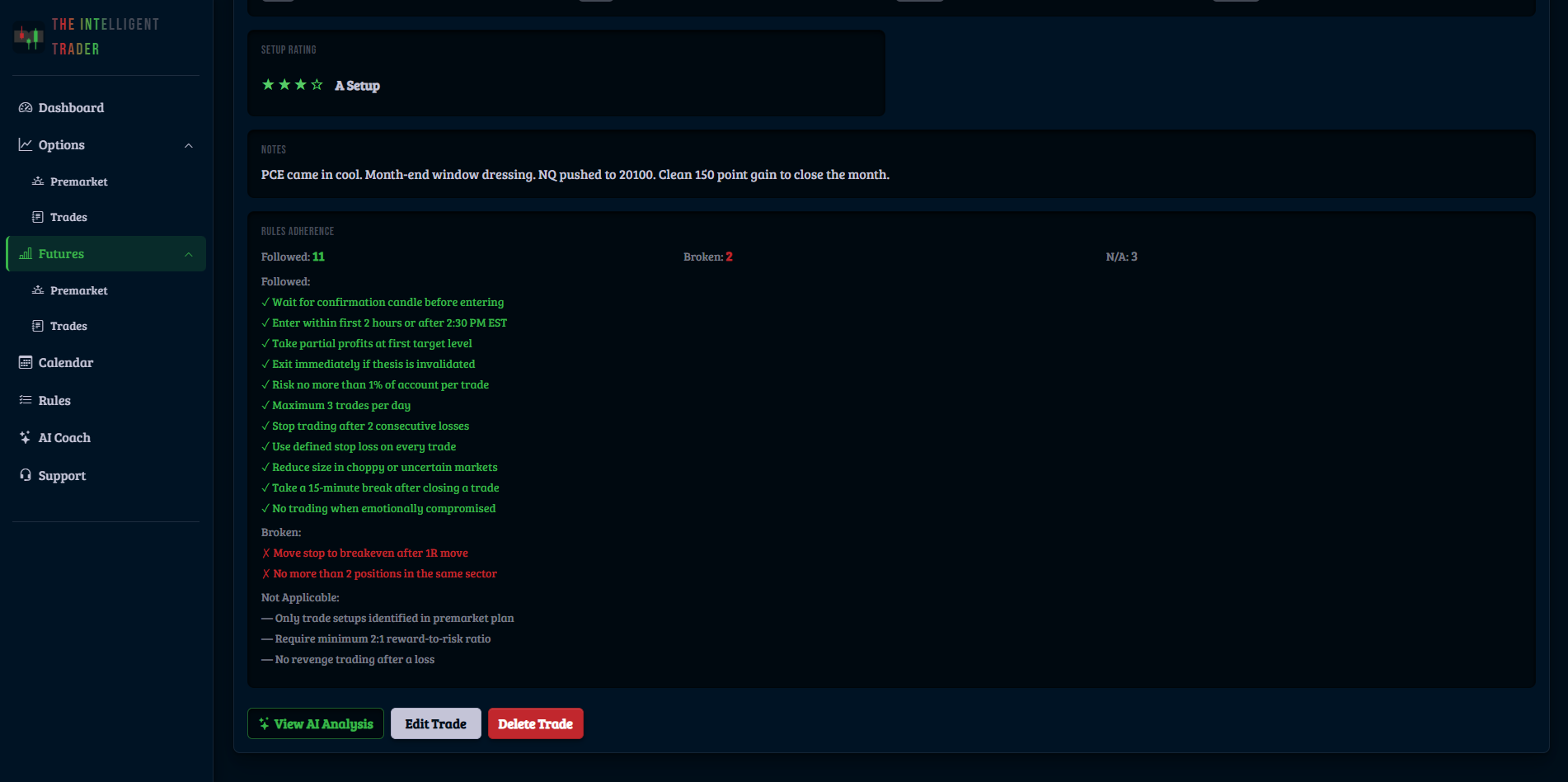 Futures trade entry form with setup rating and rules checklist